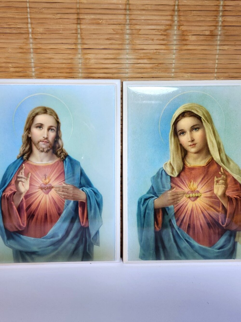 Vintage Sacred Heart of Jesus Immaculate Mary Wood Wall Plaque Set Gloss 6.5x8.5